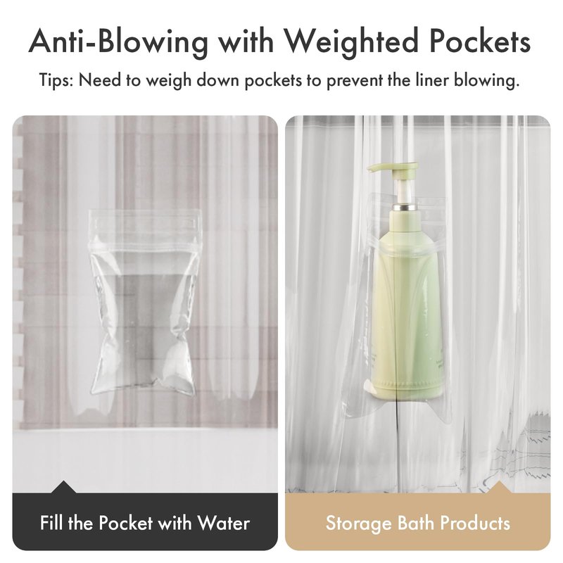 AmazerBath Shower Curtain Liner with 2 Weights Pockets, 72x72 Innovative No Blowing Clear Plastic Shower Liner with 2 DIY Weighted EVA Pockets & 3 Magnets, Waterproof Shower Curtain for Bathroom Stall