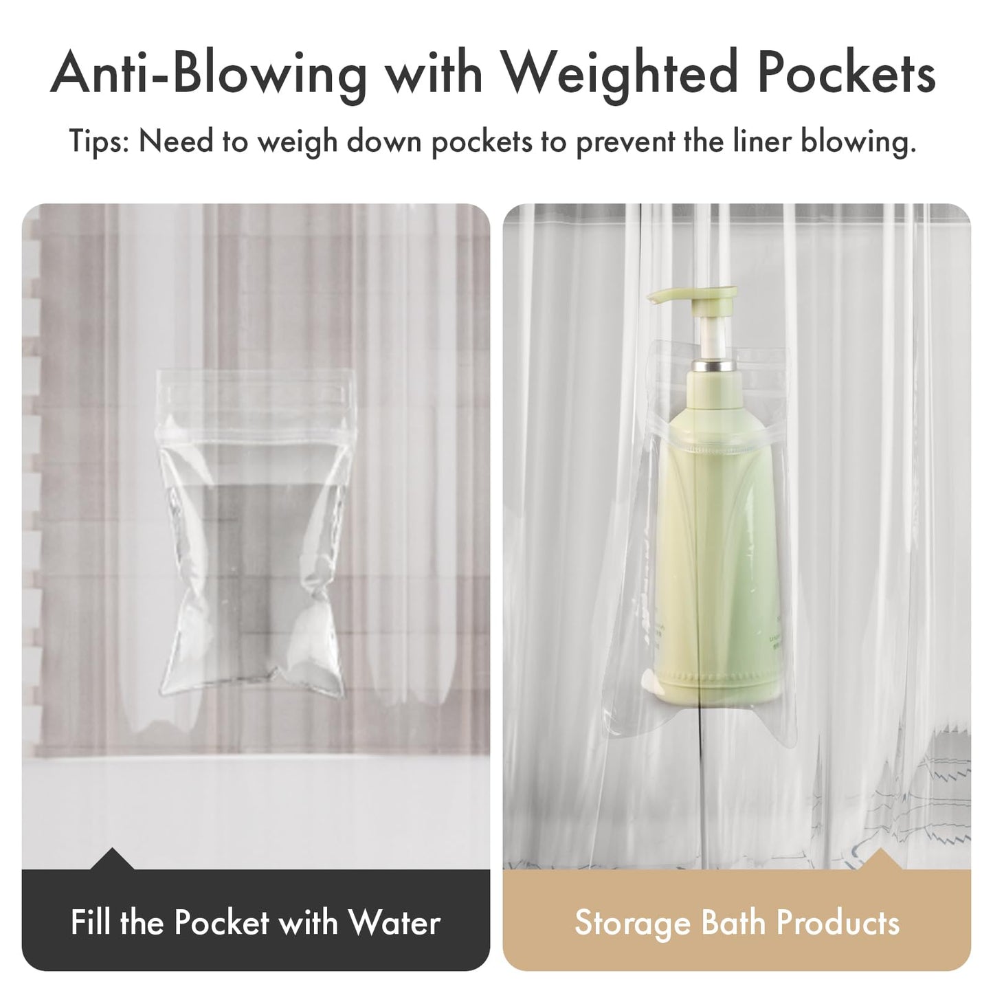 AmazerBath Extra Long Shower Curtain Liner with 2 Weights Pockets, 72x84 Inch Innovative No Blowing Waterproof Clear Plastic Shower Liner with 2 DIY Weighted EVA Pockets & 3 Magnets for Bathroom Stall