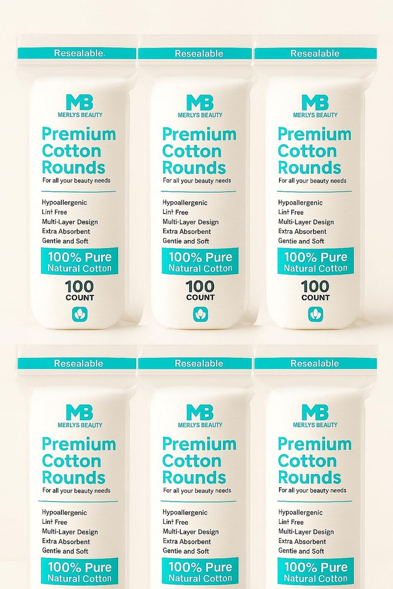 Merlys Beauty Premium Cotton Rounds, 100% Pure Natural Cotton, 100 Count, Hypoallergenic, Lint Free (Pack 6)