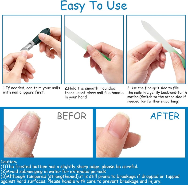 Glass Nail File Set - 7 Pack Double-Sided Etched Crystal Files for Natural Nails | Gentle & Reusable Manicure Tools