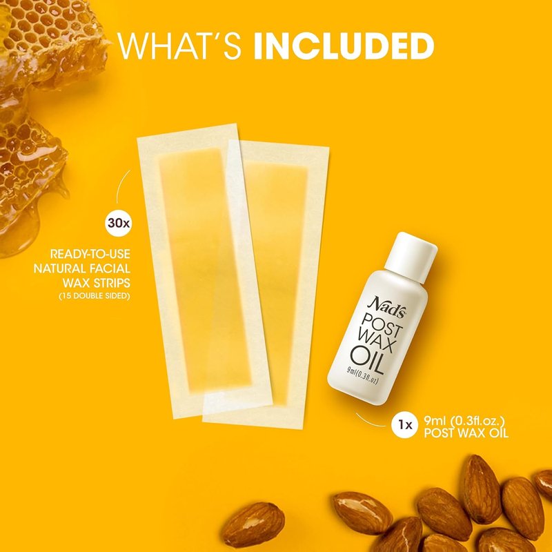 Nad's Facial Wax Strips - Natural Waxing Kit for All Skin Types - 30 Strips & Post Wax Oil Included