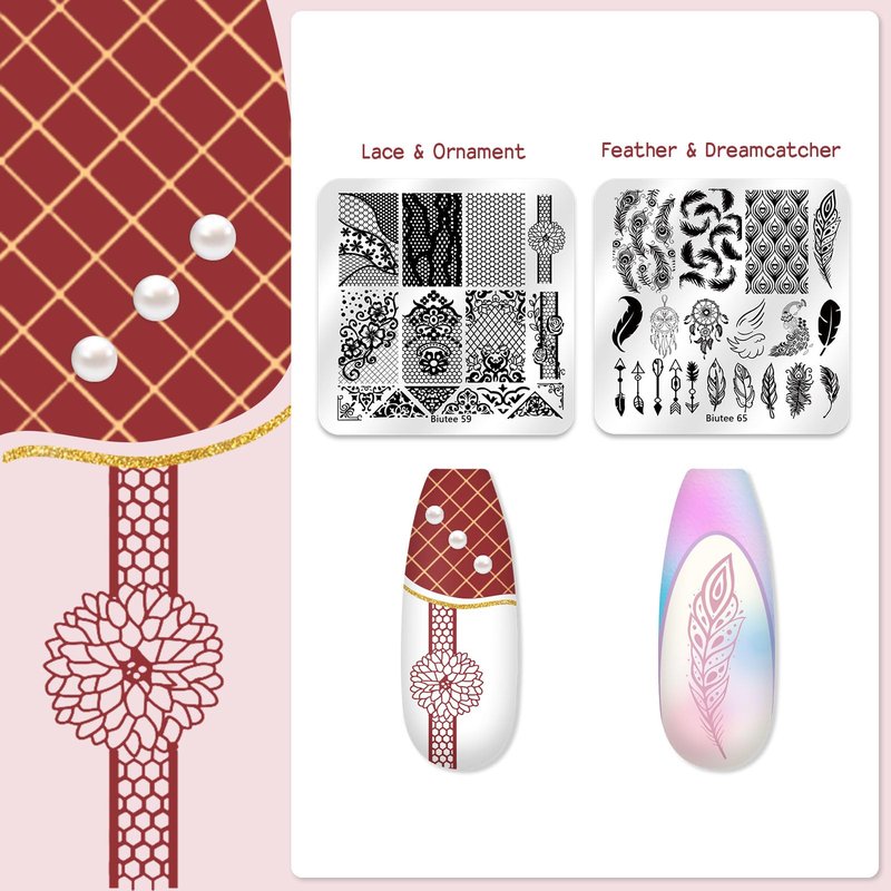 Biutee Nail Stamping Kit 12Pcs Nail Art Stamp Plates 8 Colors Stamping Polish Gel Silicone Stamper Scraper with Storage Bag, Nail Stamping Plate Lace Star Rose Plaid TemplateHoliday Design Gift