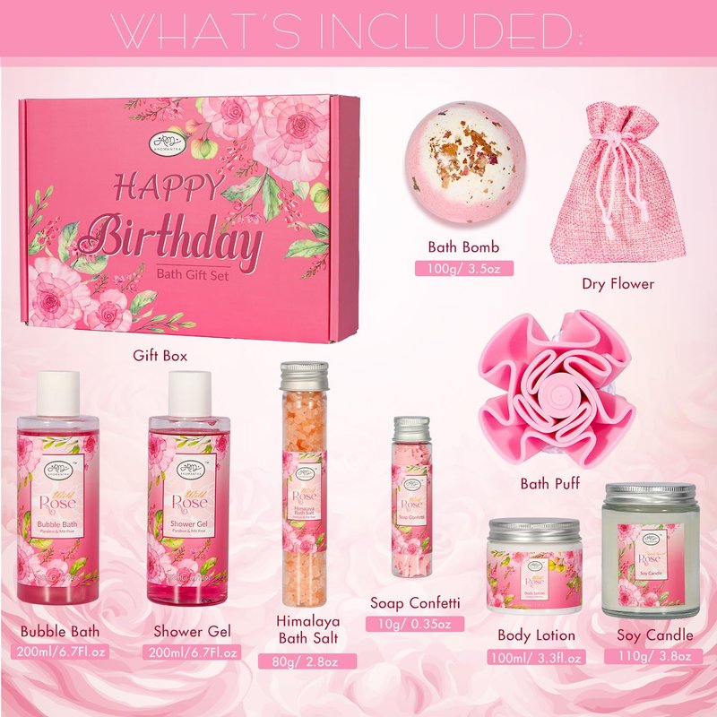 AM AROMANTRA Luxury Spa Gift Set for Women, Whole Body, Bath Set, Bath Gift Set, Rose Scented, 10 Pcs, Self Care, Best Friend, Mom, Sister, Valentine's Day Gift