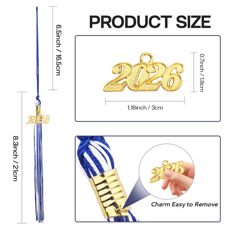 2026 Tassel Graduation, Tassels for Graduation Cap 2026, Blue White Tassel Cap Decorations with Gold Charms Memorial Cords Graduate Hat Ceremonies Accessories for Class of School Grad Souvenir Gifts