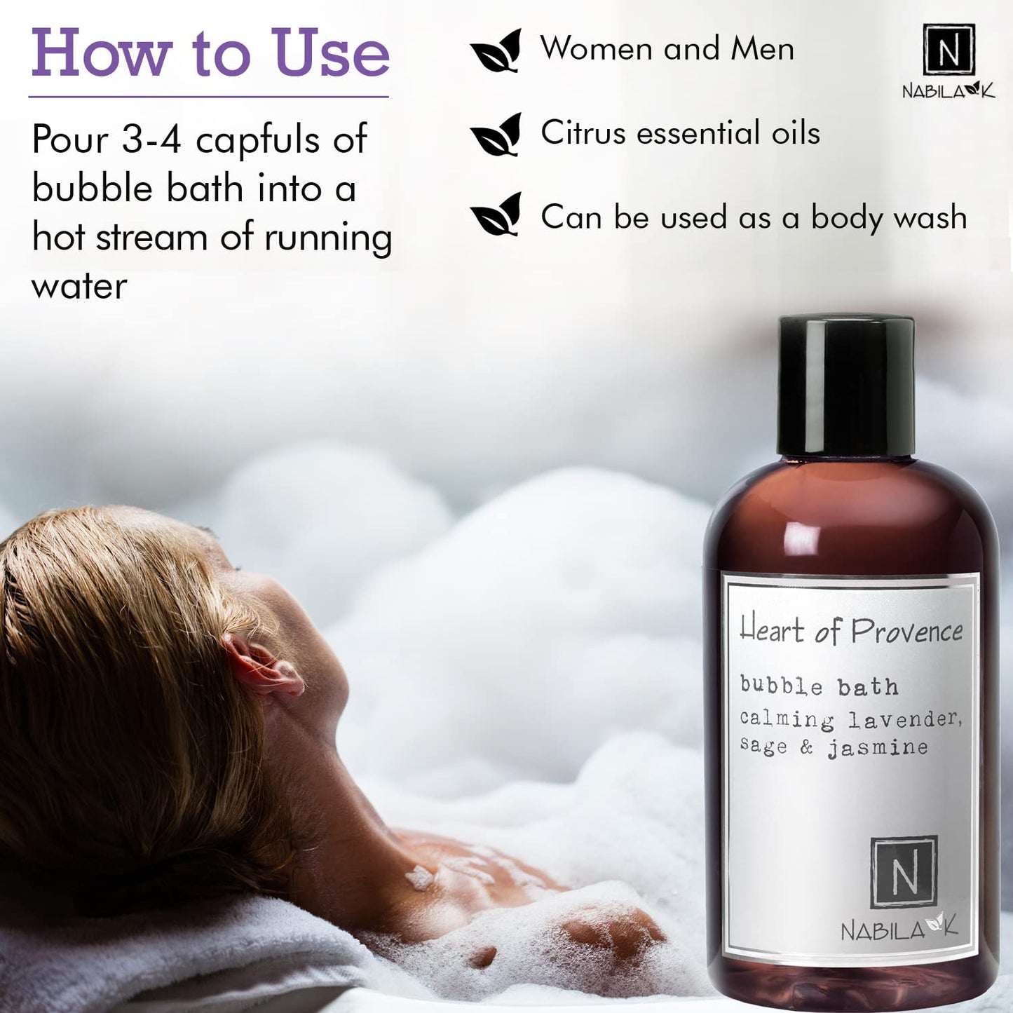 Nabila K Heart of Provence Bubble Bath with Lavender, Sage & Jasmine | Natural & Organic, Sulfate-Free, Tear-Free | Luxury Aromatherapy Bath Soak for Sensitive Skin | for Women & Men, 16 oz