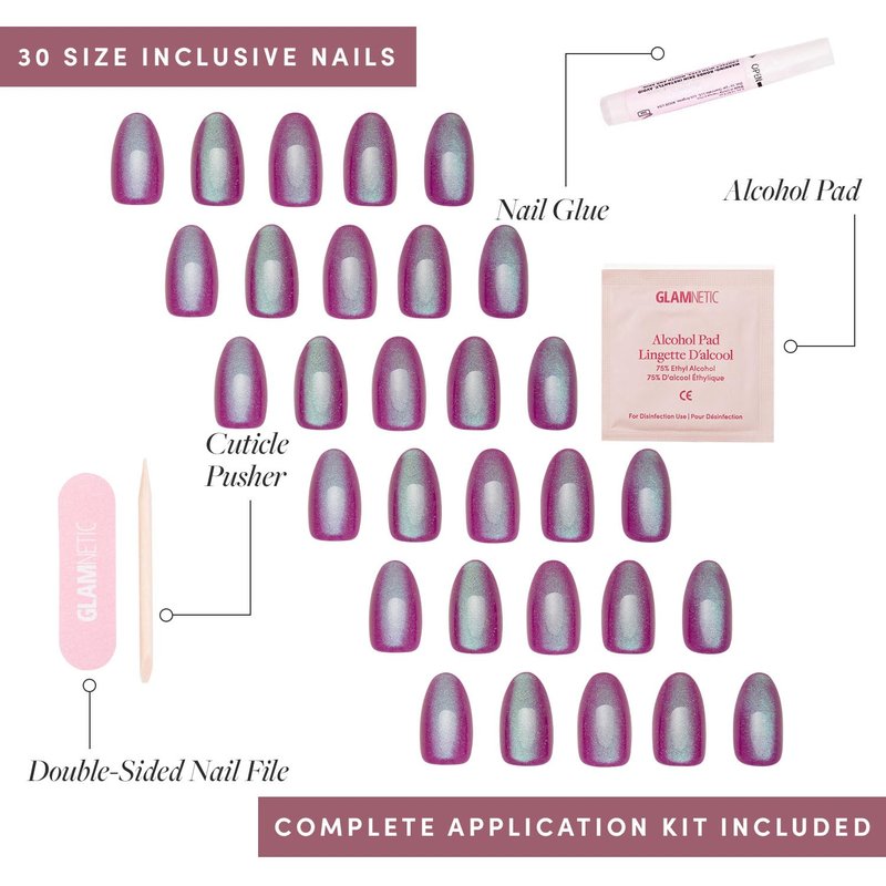 Glamnetic Press On Nails - Berry Fizz | Short Oval, Magenta Fake Nails with a Mesmerizing Metallic Finish | 15 Sizes - 30 Nail Kit with Glue