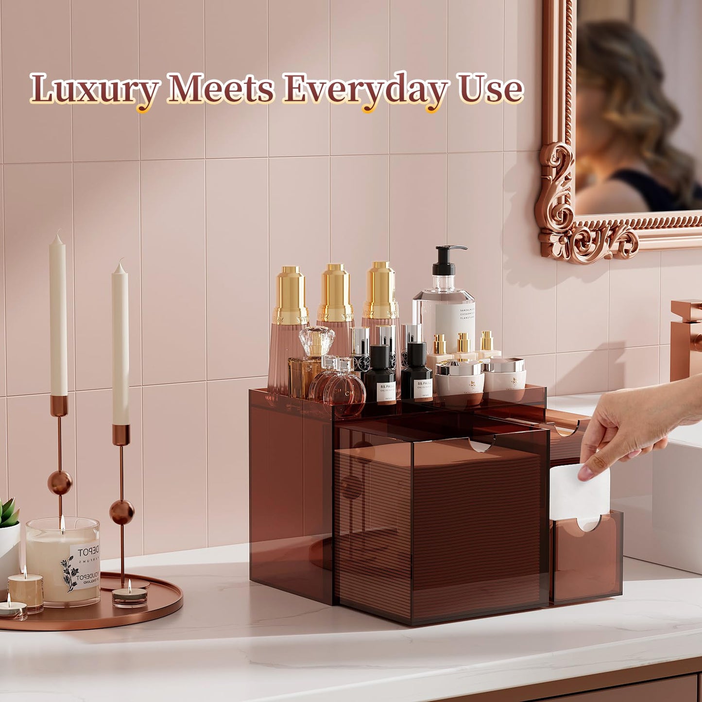Youdepot Amber Acrylic Face Towel Holder with 3 Drawers, Disposable Face Towel Organizer for XL Facial Towels, Cotton Pads, Swabs, Skincare Tools, Bathroom Vanity Countertop Storage Box.