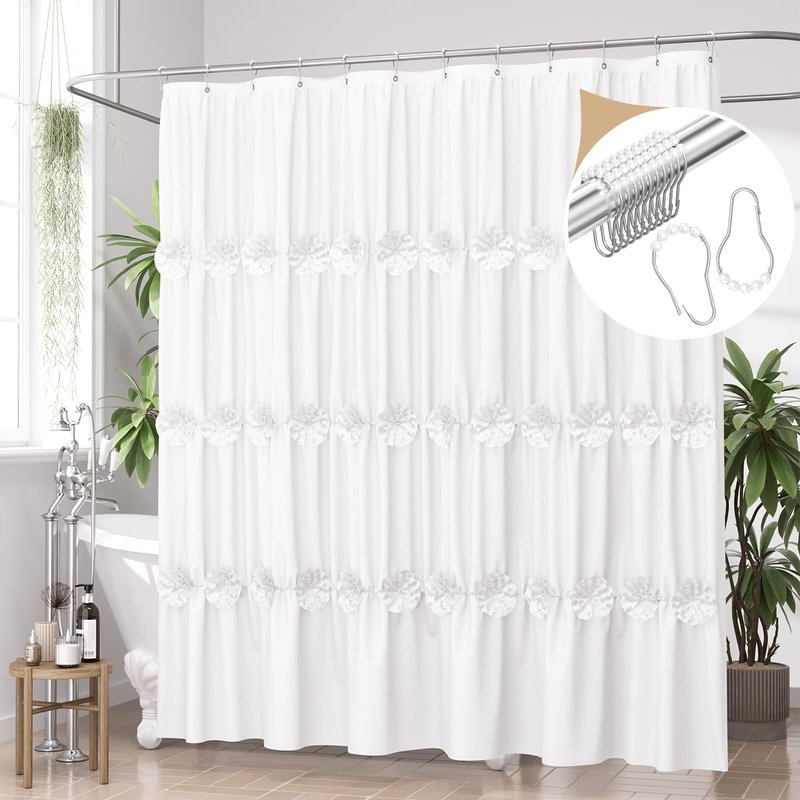 AmazerBath White Ruffle Shower Curtain, 72 x 72 Inches Vintage Boho Farmhouse Floral Ruffled Bath Fabric, Elegant Shower Curtain for Bathroom