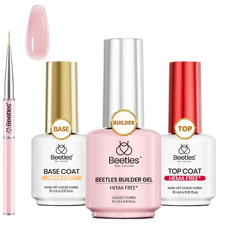 Beetles HEMA Free Builder Gel for Nails, 3 Pcs Glitter Pink Builder Nail Gel with Gel Top and Base Coat Set for Gel Polish Long Lasting Strengthening Safe Low-Sensitivity Formula Nail Gifts for Women