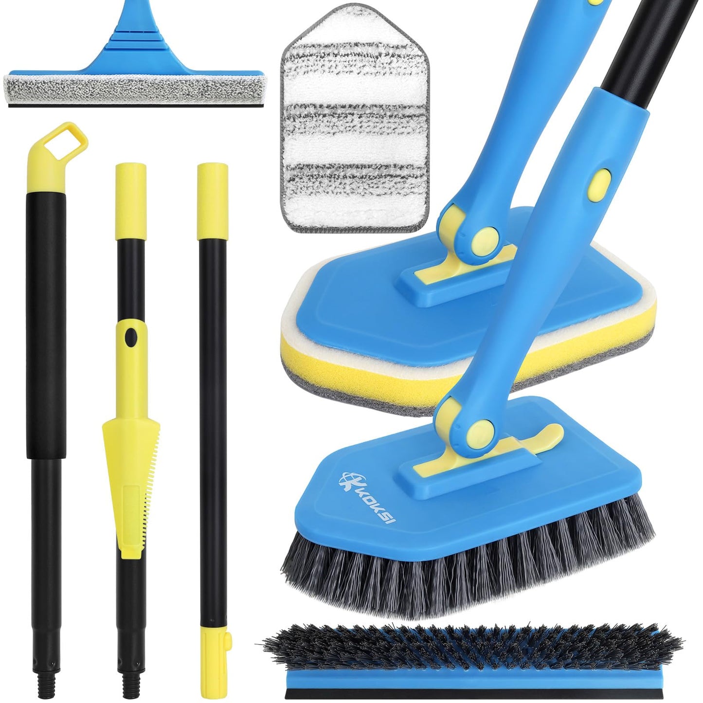 Tile Tub Scrubber Brush with 5 Different Function Cleaning Heads and 51" Extendable Long Handle Non Scratch Shower Scrubber for Cleaning Bathroom Kitchen Toilet Wall Bathtub