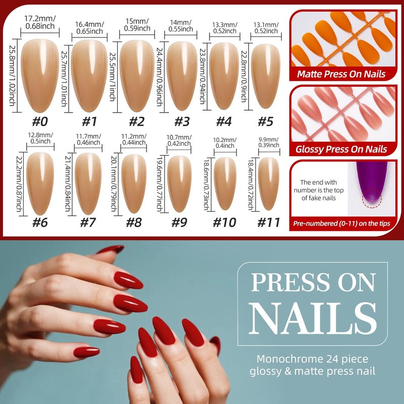 Skiennix 12 Color Press-On Nails Set - Medium Almond Glossy Full Cover Artificial Acrylic Nails | Reusable 288 Pcs