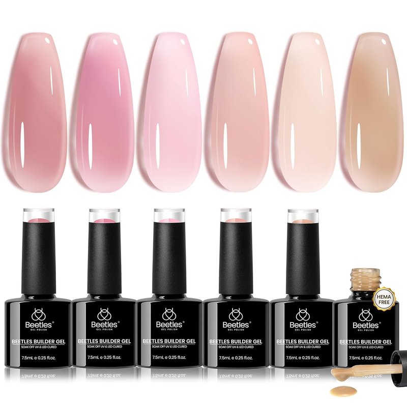 Beetles Builder Gel Set - HEMA-Free Nail Extension Gel | 6 Colors, 8-in-1 Strengthening for DIY Salon Use