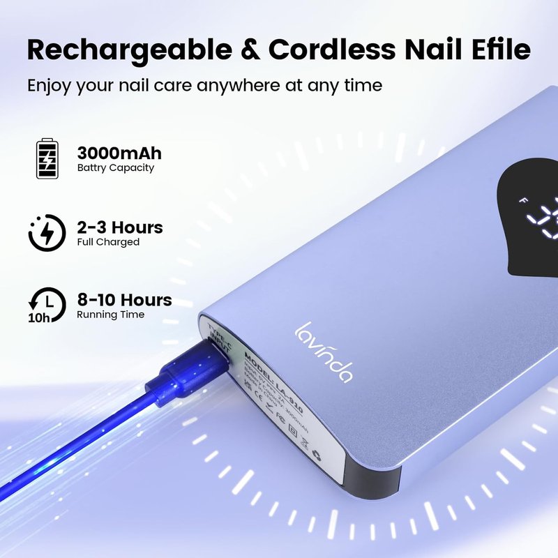 Lavinda Electric Nail Drill Machine - 35000RPM Cordless Rechargeable Efile for Acrylic Gel Nails | Purple 910
