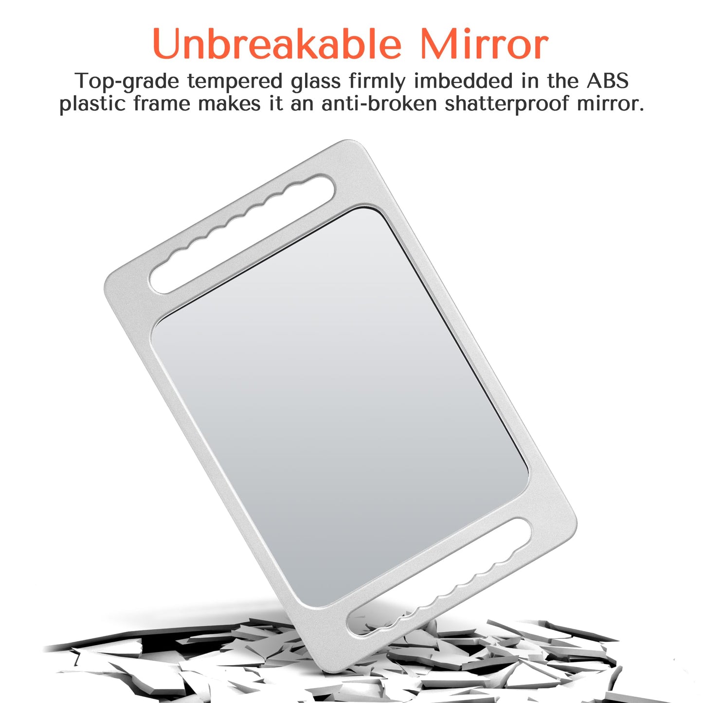 TASALON Unbreakable Hand Mirror with Double Handle- Large Handheld Barber Mirror for Hair and beauty Salon - Durable Hand Held Mirrors for barbershop - Haircut Mirror with Double Handgrip- Silver Gray
