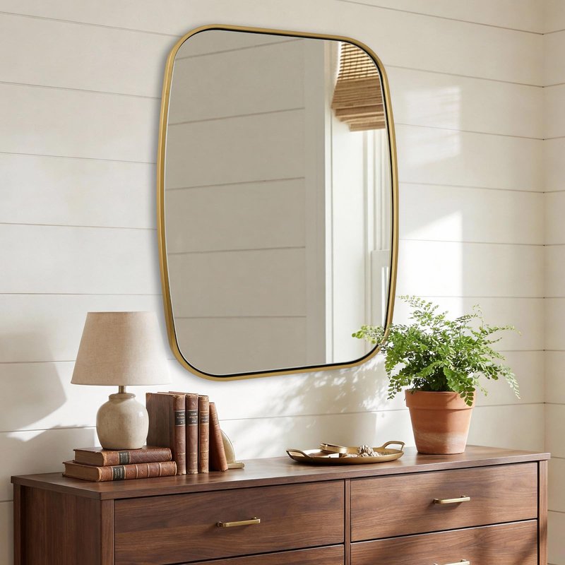 ANDY STAR Brushed Gold Square Oval Bathroom Mirror, 24x32 Inch Brass Oblong Mirrors for Wall, Modern Vanity Mirror in Stainless Steel Metal Squoval Tube Frame, Wall Mount Horizontal or Vertical