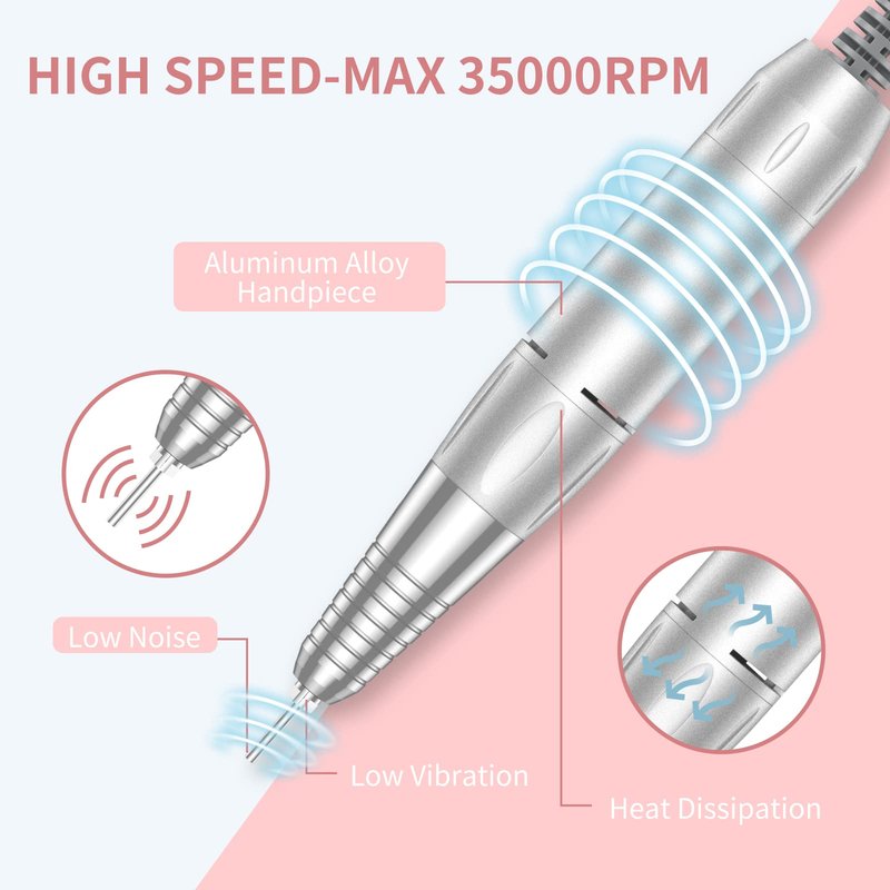 MOCOWIND Portable Nail Drill Professional 35000 RPM, Rechargeable Electric Nail File Machine Cordless E-File for Acrylic Gel Polishing Removing with Bits Kit for Manicure Salon Home, Pink