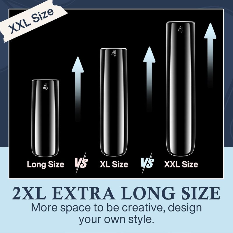 Luckyfairy XXL Extra Long Square Nail Tips - 120 Pcs in 12 Sizes | Clear Acrylic Press-On Nails for DIY Nail Art