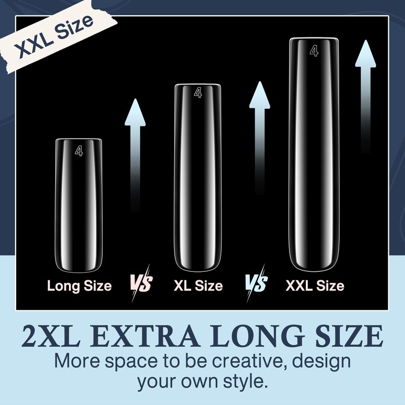 Luckyfairy XXL Nail Tips Square 504 Pcs 12 Sizes - No C Curve Flat Square Nail Tips Clear 2XL Full Cover Tapered Gel Acrylic Fake Nails Gelly Tips for Nail Extension Nail Art