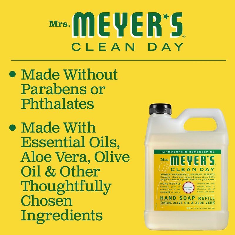 MRS. MEYER'S CLEAN DAY Hand Soap Refill, Made with Essential Oils, Honeysuckle, 33 fl. oz - Pack of 6