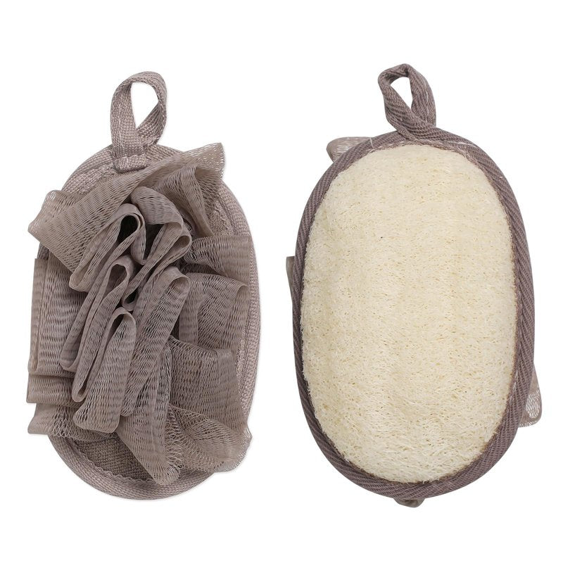 2 Pack Natural Loofah Exfoliating Body Scrubber, 2 en 1 Bath Shower Pouf Sponge for Women and Men, for Face and Body That Gets You Clean (Grey)