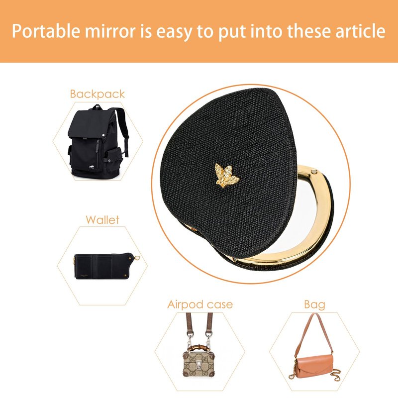 CAIRIAC Compact Mirrors, Leather Folding Travel Mirrors, Bee Double Sided Handheld Mirrors, Portable Heart Shape Makeup Mirrors Gift for Girls Women Mothers