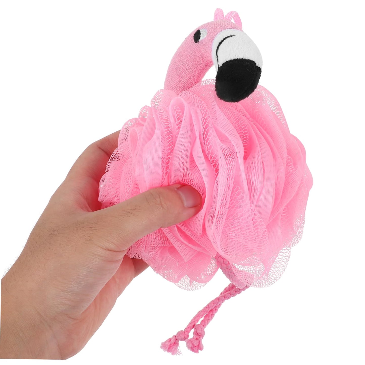 Holibanna Flamingo Bath Pouf Mesh Sponge with Hanging String 9.84X6.29X5.11 Inch Exfoliating Shower Scrubber for Daily Bathing and Travel