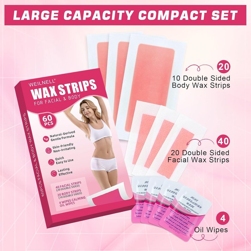 Skiennix 60 PCS Wax Strips for Hair Removal - 40 Facial & 20 Body Strips with Calming Oil Wipes