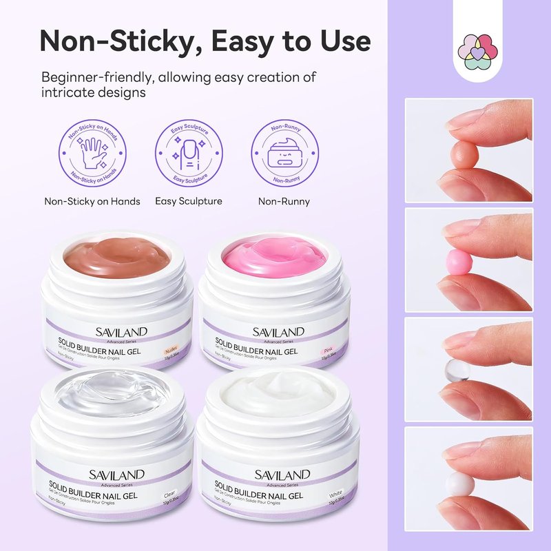 SAVILAND Solid Builder Nail Gel Set - Non-Sticky 4 Color Gel for Nail Extensions | Clear, Nude, White, Pink