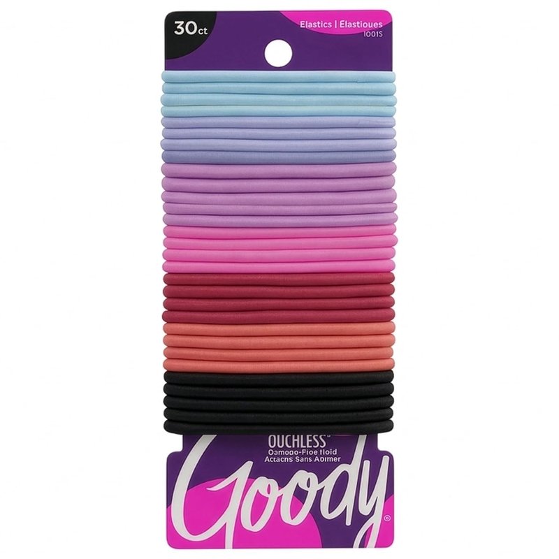 Goody Ouchless Hair Elastics - Tangle-Free Hold for Thick & Curly Hair | 30 Count Rainbow Ponytail Holders