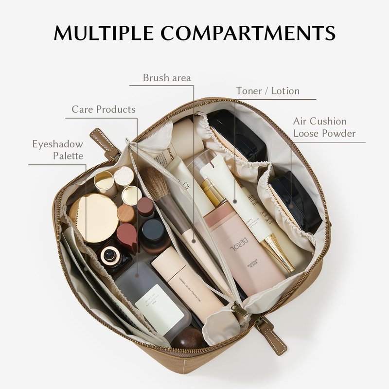 EACHY Travel Makeup Bag - Large Capacity Waterproof PU Leather Cosmetic Organizer for Women