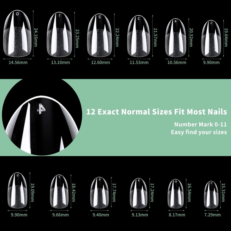 Medium Round Oval Nail Tips, 216pcs Acrylic Fake Nails Gel Nail Tips Soft, Full Cover Pre-Shaped Matte Clear Press on Nails for Extension, Diy at Home Manicure 12 Sizes