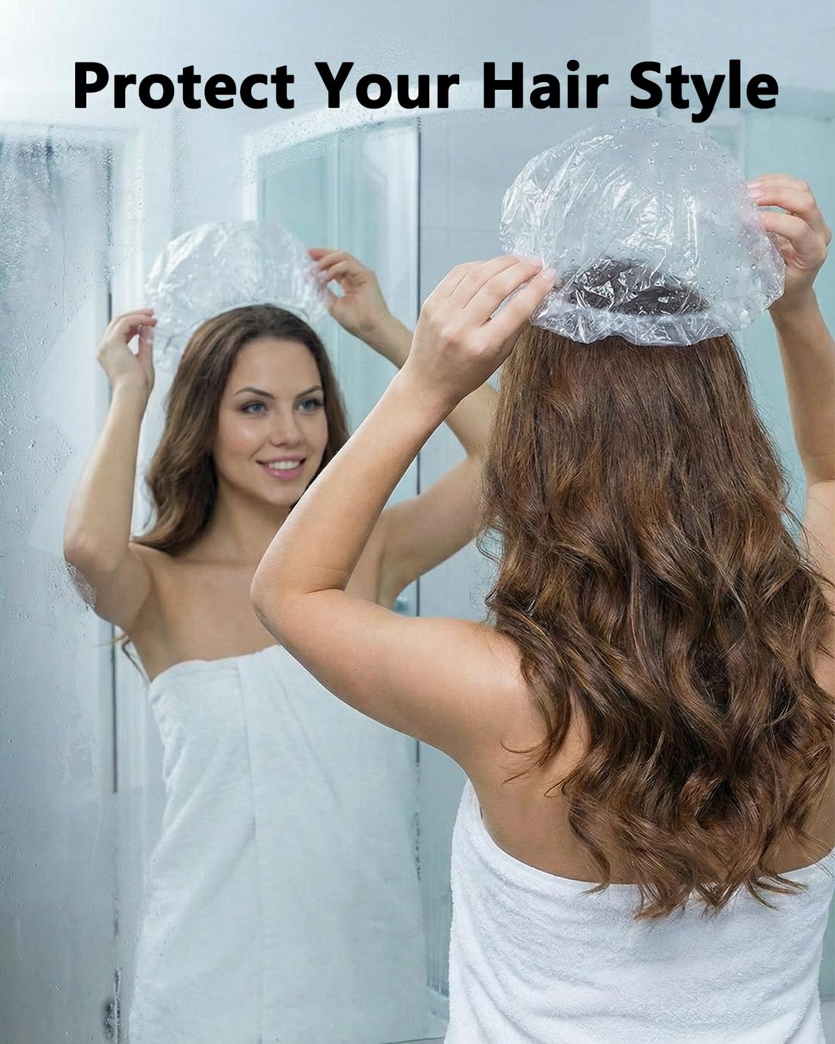 Aquior Shower Cap Disposable, 50 PCS Bath Caps Larger Thick Clear Waterproof Plastic Elastic Hair Bath Caps for Women, Hotel Travel Essentials Accessories Deep Conditioning Hair Care Cleaning Supplies