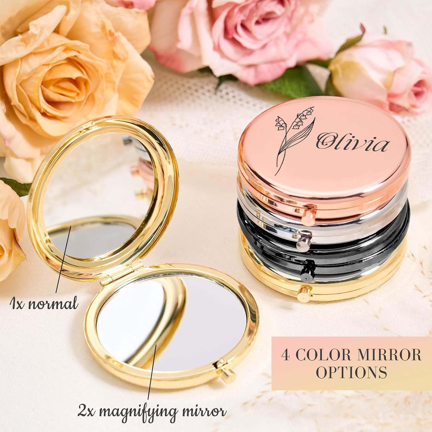 Skiennix Personalized Compact Mirror - Custom Birth Flower Design | Perfect Gift for Bridesmaids, Women, and Special Occasions