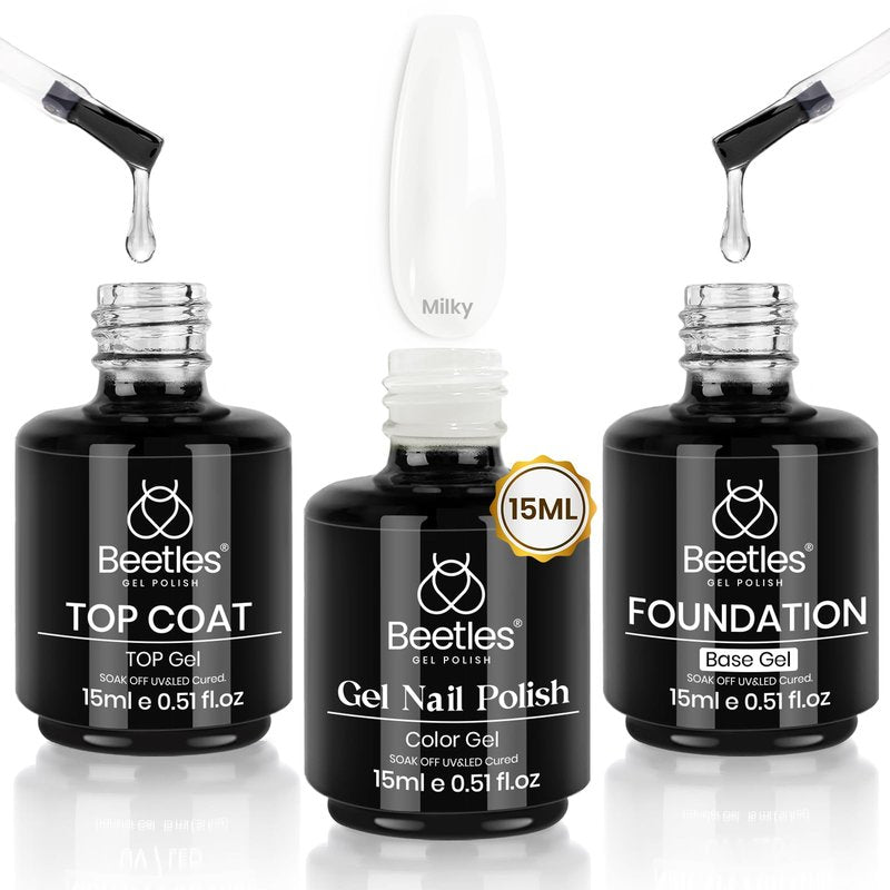 Beetles Milky White Gel Nail Polish No Wipe Gel Top Coat and Base Coat Set 3Pcs 15ml, Nude Jelly Color Long Lasting, Soak Off U V LED Nail Art Design for Women