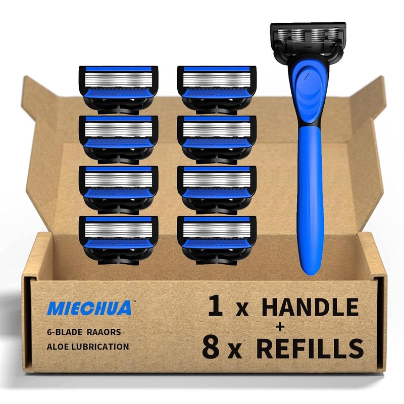 6-Blade Razor for Men & Women | Plastic Anti-Slip Handle with 8 Refill Cartridges - Black