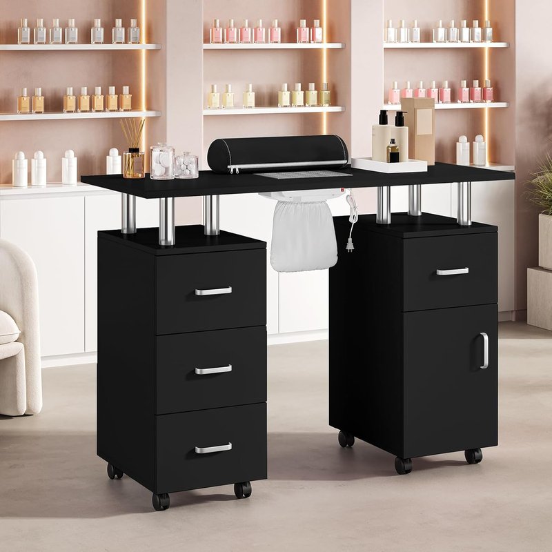 Nail Desk for Nail Tech | Manicure Table with Dust Collector & Hand Rest - Black, Storage Cabinets & Lockable Wheels
