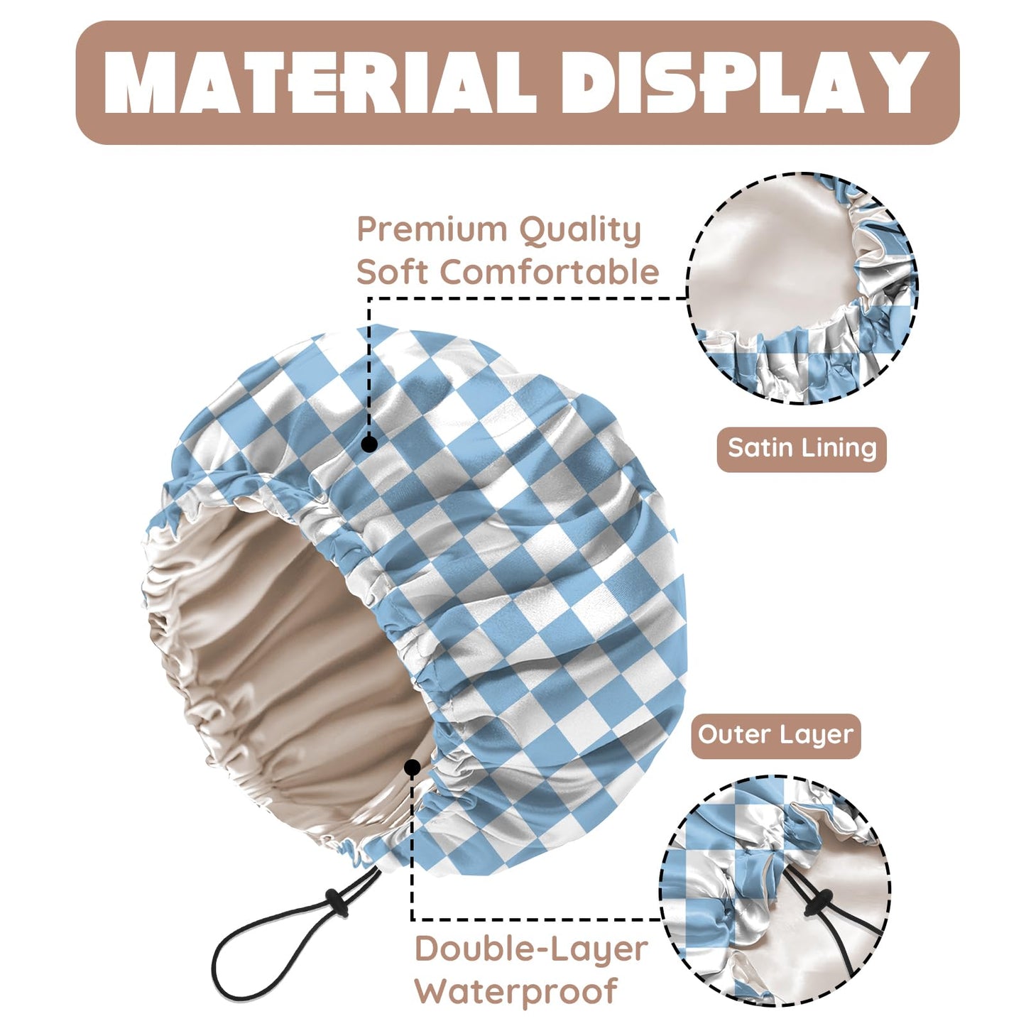 Zewurtuw Luxury Shower Cap Adjustable Reusable Double Waterproof Layer Elastic Satin Lined Hair Bath Cap Cute Aesthetic Women Girls (I28-Blue)