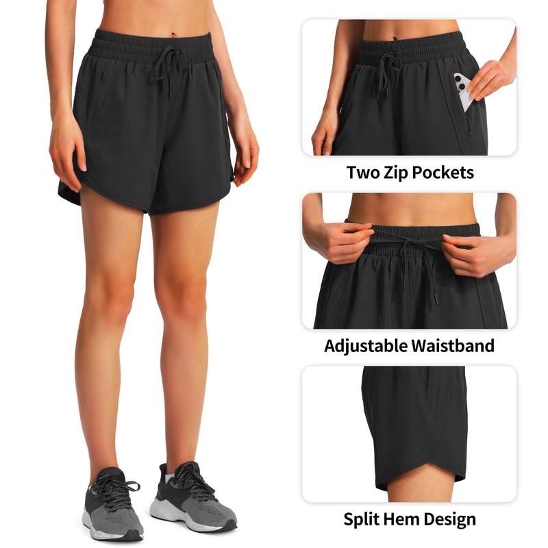 Ksmien Women's 5"/ 7" Athletic Running Shorts Quick Dry Lightweight Workout Gym Shorts with Zipper Pockets UPF 50+ Black L
