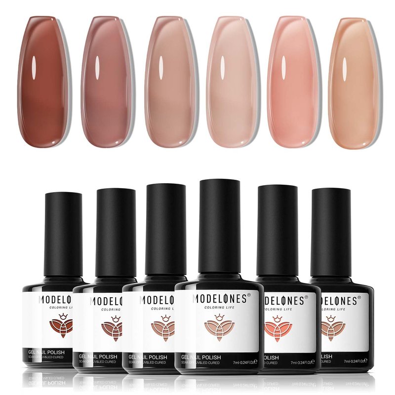 modelones Jelly Gel Nail Polish, 6 Colors Fall Nude Brown Pink Gel Polish Neutral Nail Art Design Translucent Soak Off LED Nail Lamp Manicure Salon DIY Girls Women Gift