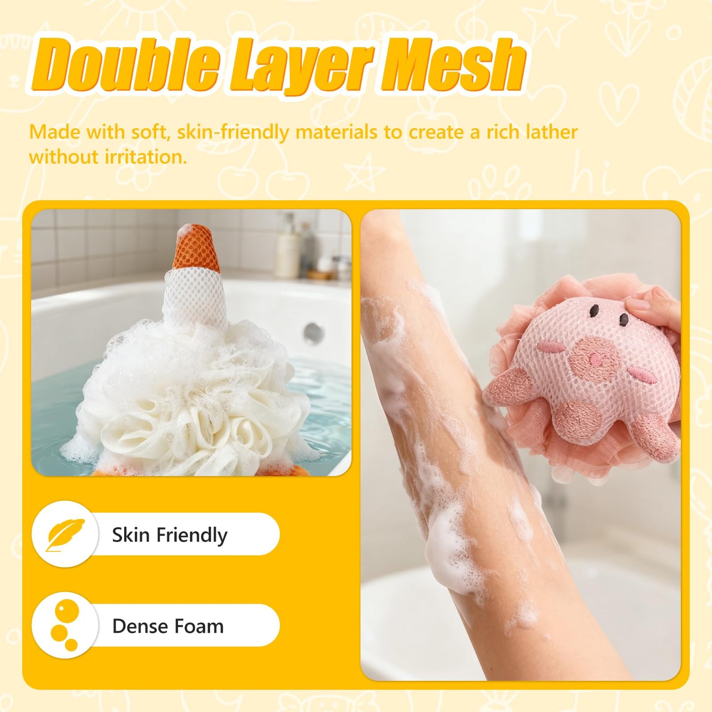 Kids Loofah, Cute Cartoon Animal Kids Bath Sponge with Hanging Rope, Soft Double Mesh for Rich Lather (Pink Octopus)