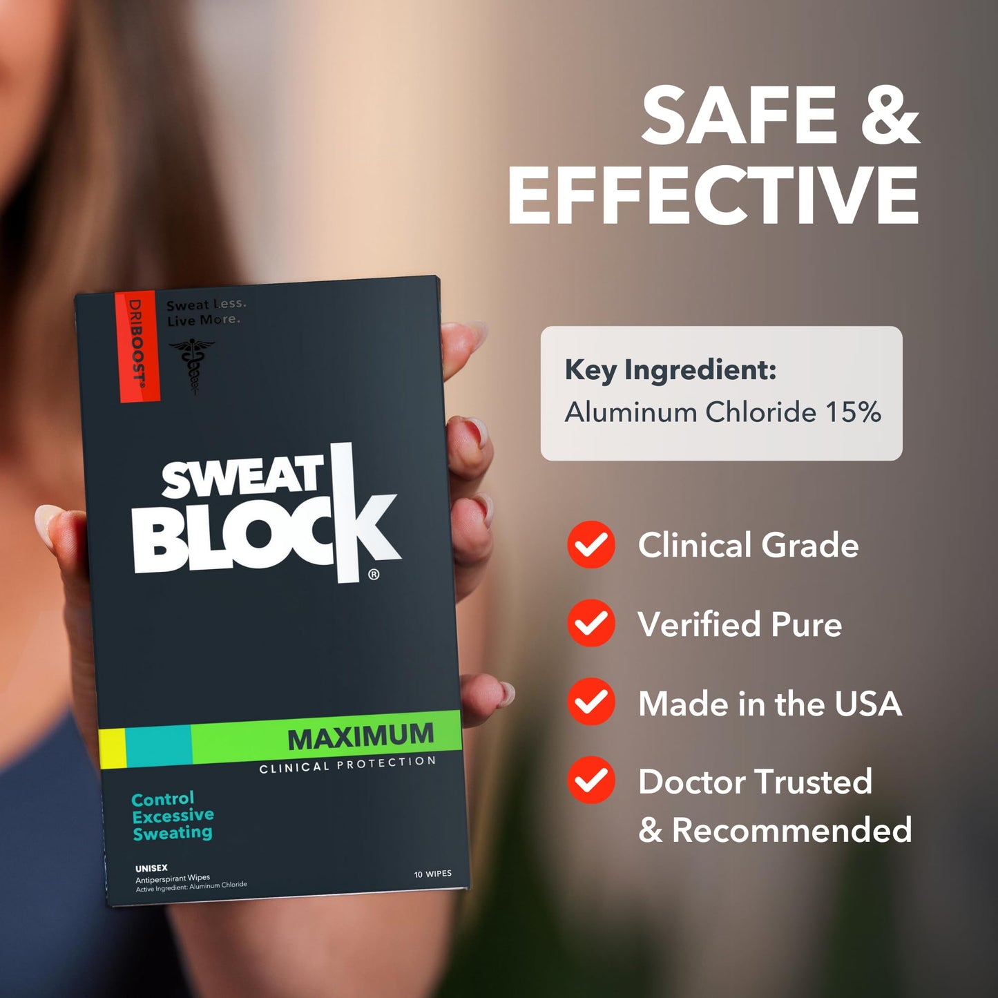 SweatBlock Antiperspirant Underarm Wipes for Men & Women - Clinical Strength for Hyperhidrosis & All-Day Sweat Control - Stop Sweating w/ up to 7-Day Protection per Wipe - Unscented - Pack of 10 Wipes