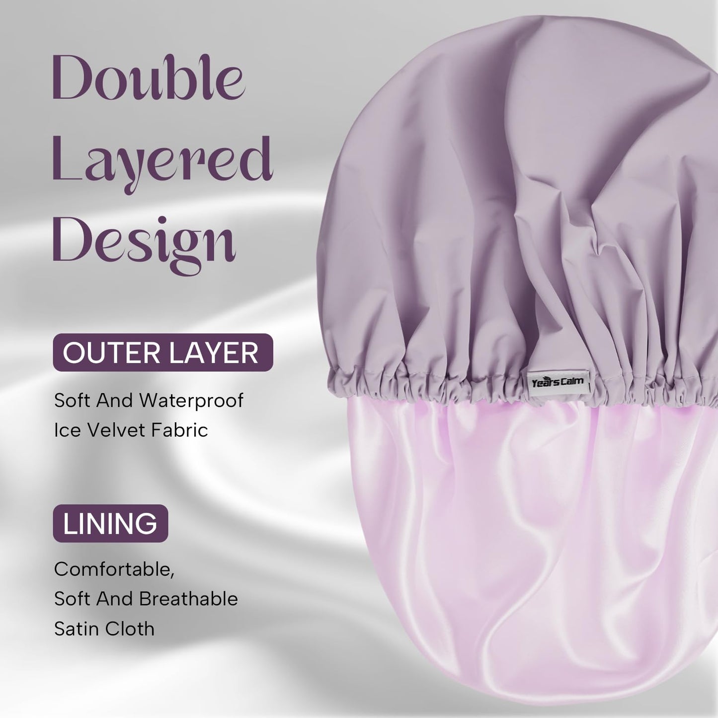 Years calm Shower Cap Reusable Waterproof, Double-Layer Hair Cap for Women, with Elastic Band, Ideal for Shower, Spa, Travel & Cleaning (Light purple, One Size)