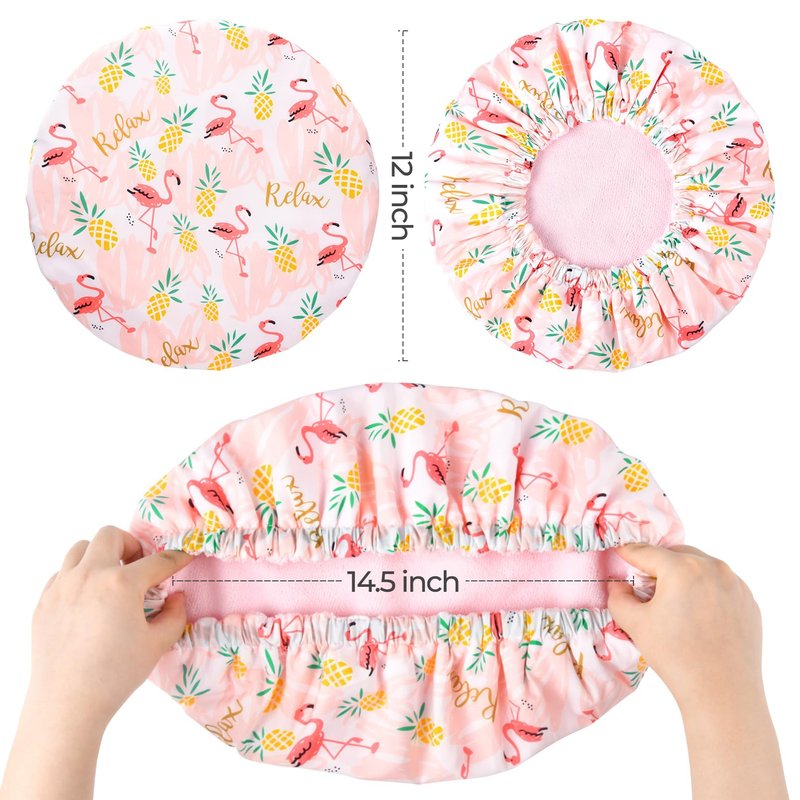 Shower Cap for Women Terry Lined Bath Cap Large Reusable Waterproof Elastic Band Pink Flamingo Shower Caps for Long Thick Hair Soft Bath Shower Hair Caps