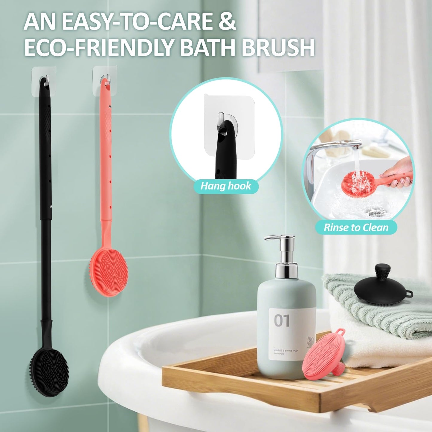 GEENOA Adjustable Silicone Back & Face Scrubber Set, 16''-24'' Extendable Shower Back Scrubber with Dual-Side Head and Lathering Bristles, Manual Face Scrubber with Soft Bristle Non-Slip Handle(Pink)