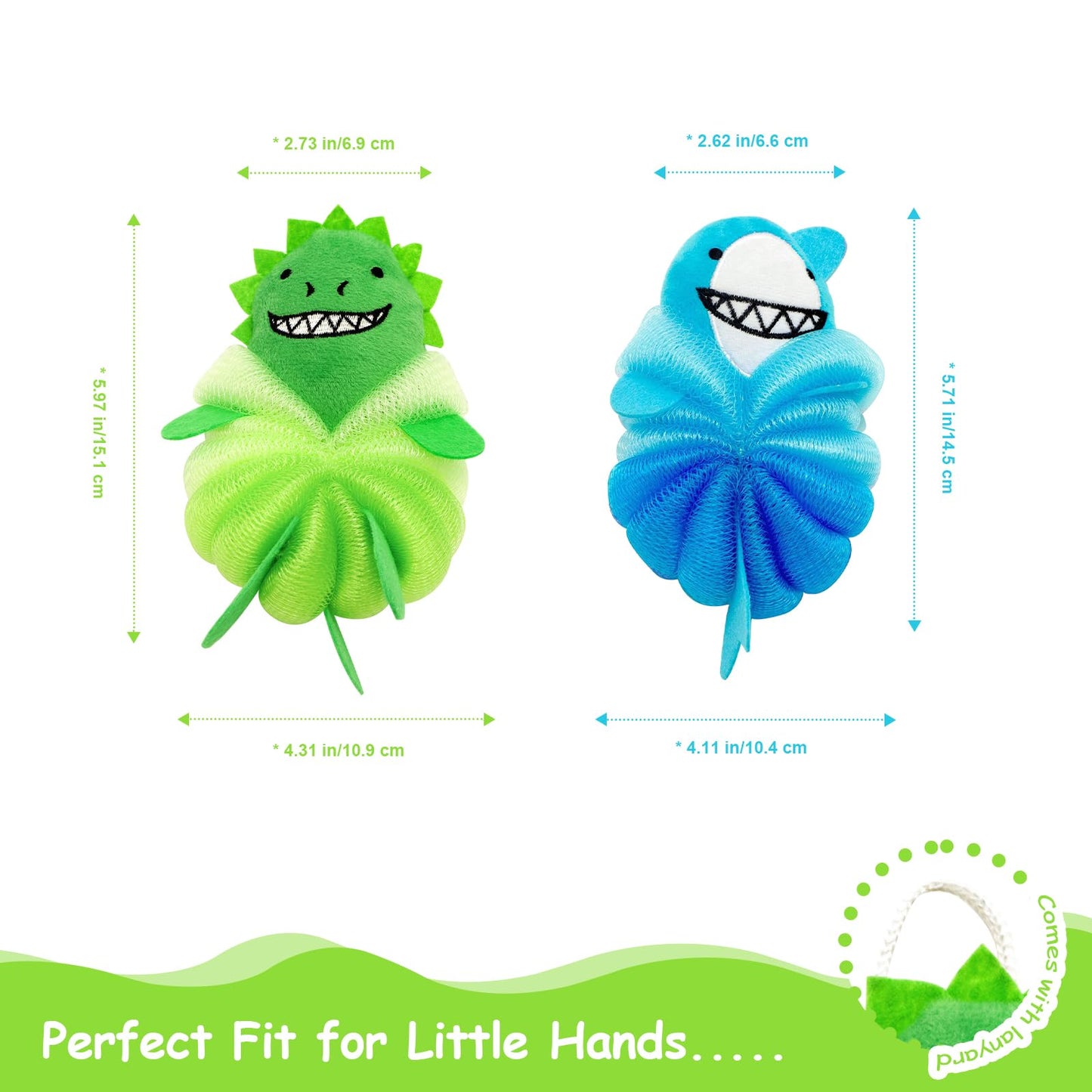 Kids Loofah & Bath Sponge, 2 Pack Loofah for Kids with Dinosaur & Shark, Gentle Baby Sponge for Bathing, Toddler Mesh Pouf for Bath Time, Soft Body Scrubber for Boys & Girls