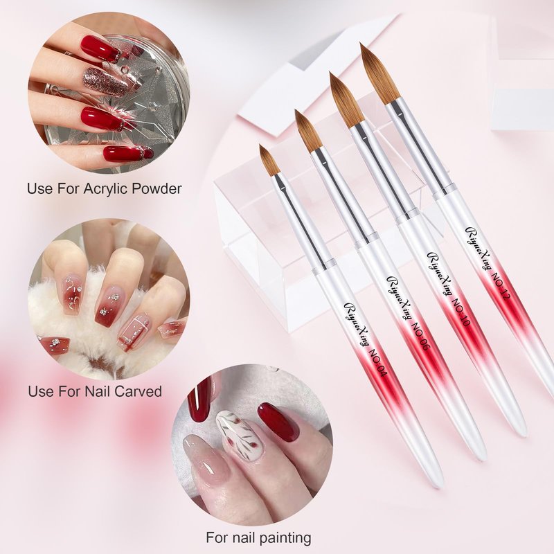 6PCS Acrylic Nail Brush Set, Kolinsky Hair, Oval Crimped Pressed Shaped, Red Metal Handle, Professional Manicure for DIY Home Salon - Sizes 4/8/10/12/14/16