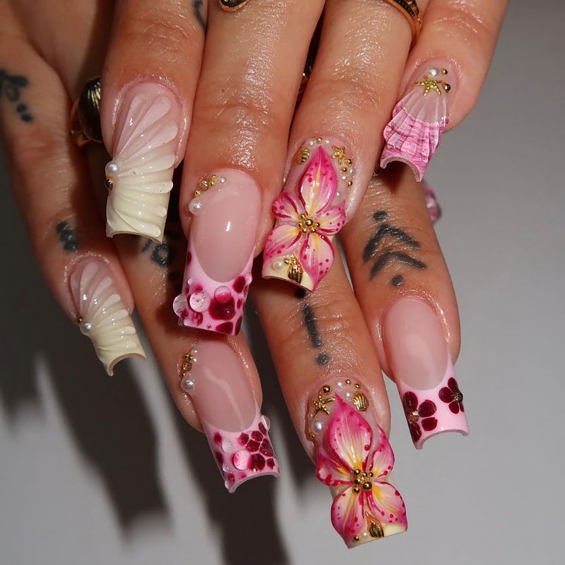 Press-On Nails - 24 Pcs Long Square Acrylic Nails with 3D Pink Flower & Rhinestones | Beach-Inspired Designs