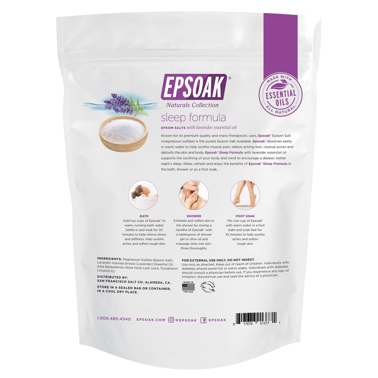 Epsoak Epsom Salt 2 lb. USP Magnesium Sulfate with Lavender Scent Resealable Epsom Salt Bag, Made in The USA, Cruelty-Free Certified