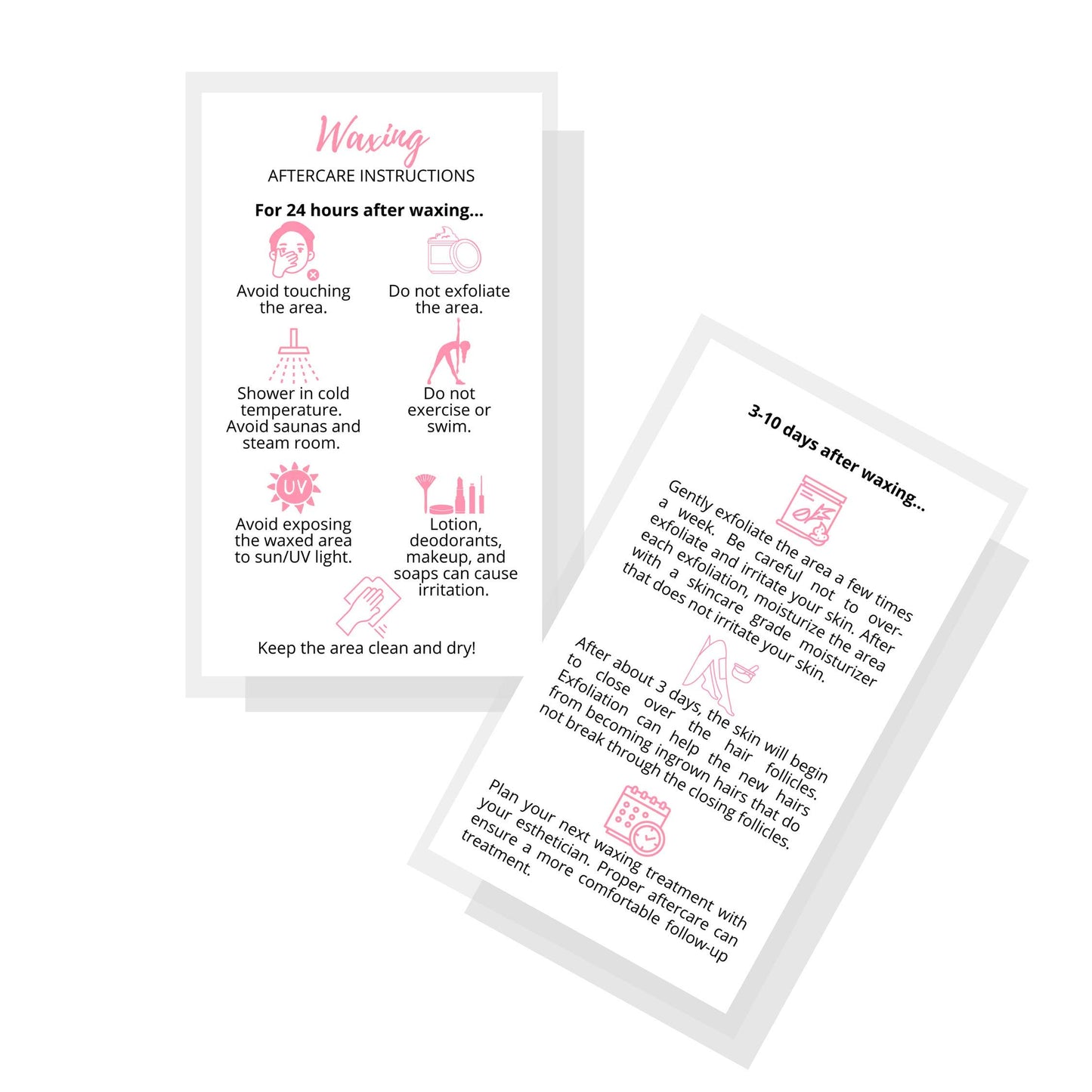 Waxing Aftercare Cards | 50 Pack | Size 2 x 3.5” inches Business Card Size | Waxing Aftercare Kit Cards PMU | Aftercare Instructions White with Pink Icons Design