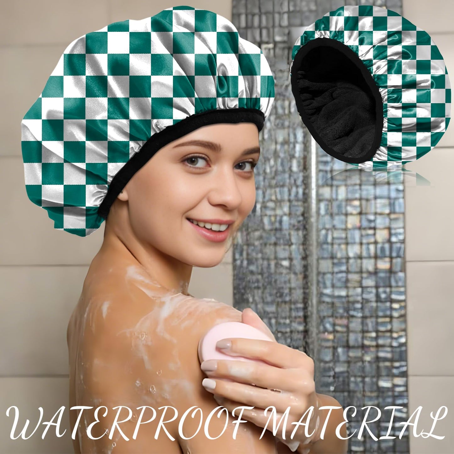 Zewurtuw Luxury Shower Cap Terry Cloth Lined EVA Waterproof Reusable Triple Layer Elastic Hair Bath Caps for Women Girls Cute-Green Checkered